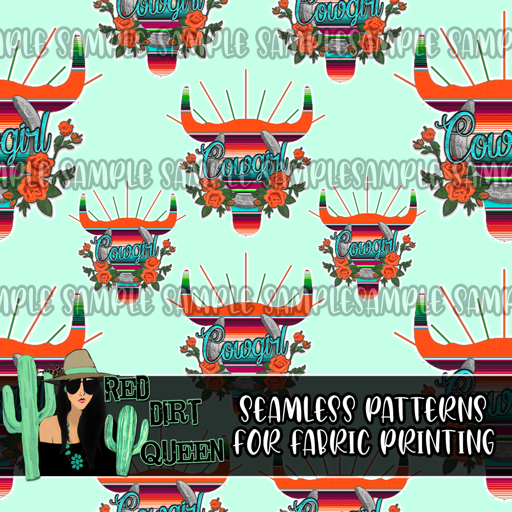 Seamless Pattern Cowgirl Serape Skulls