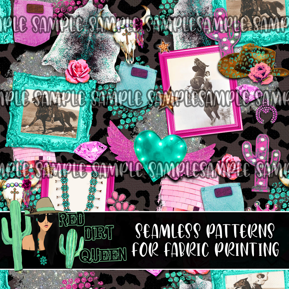 Seamless Pattern Pink Turquoise Cowgirl