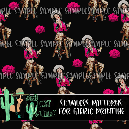 Seamless Pattern Vintage Cowgirl Pink Roses