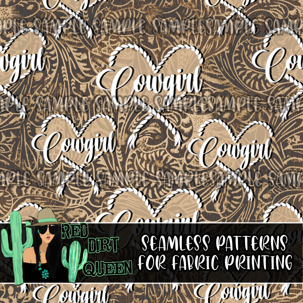 Seamless Pattern Tooled Leather Cowgirl Rope Heart