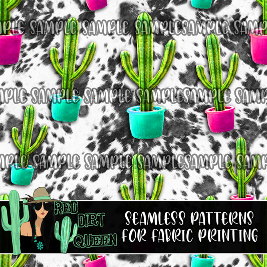 Seamless Pattern Cowhide Neon Cactus