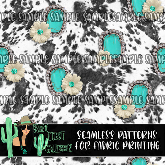 Seamless Pattern Cowhide Floral Turquoise Stone