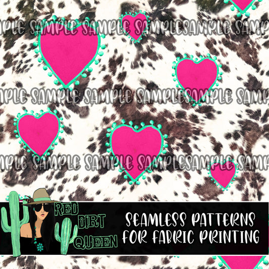 Seamless Pattern Cowhide Pink Fringe Hearts