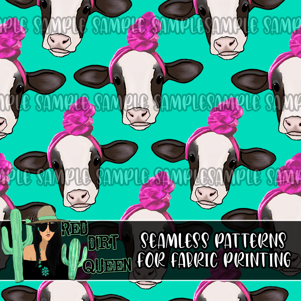 Seamless Pattern Top Knot Cows Turquoise