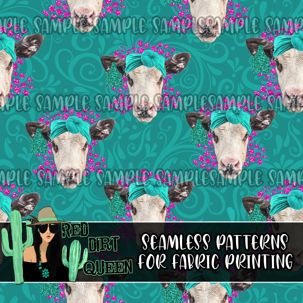 Seamless Pattern Teal Glitter Swirl Cows