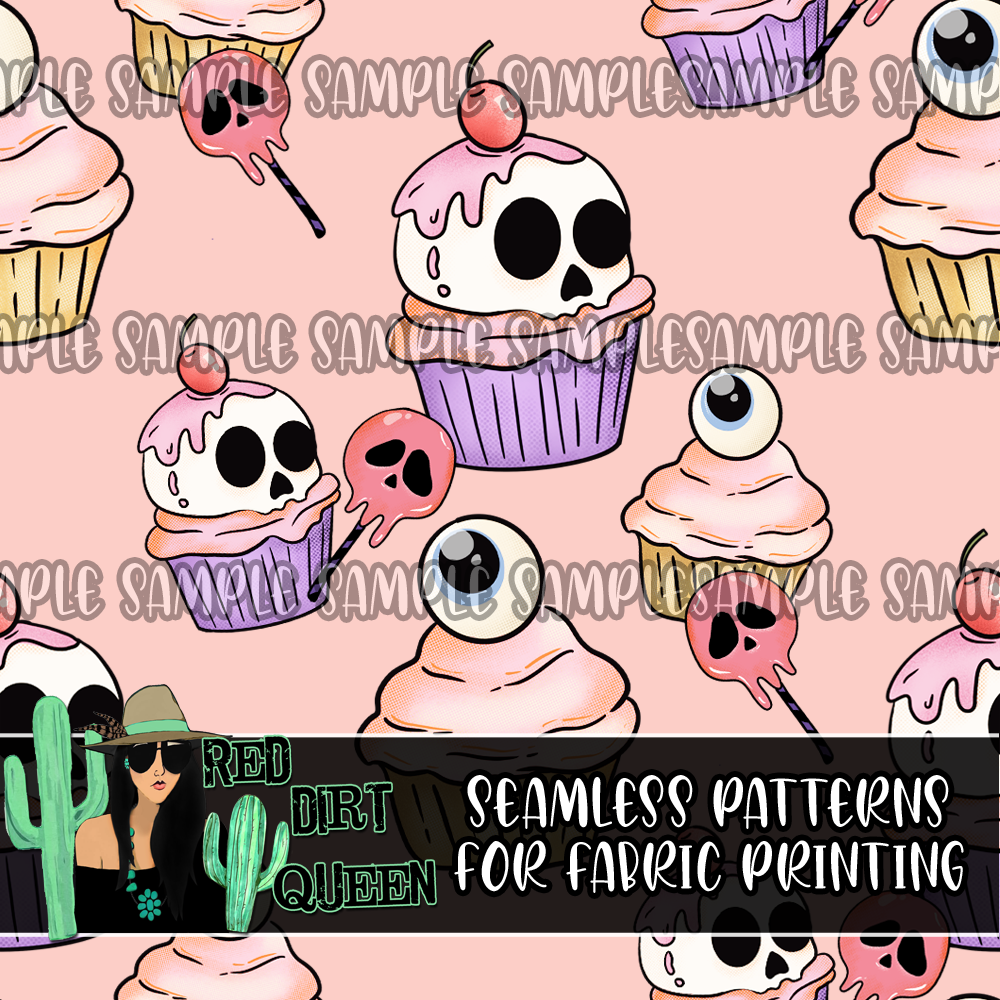 Seamless Pattern Cute Creepy Cupcakes Pink