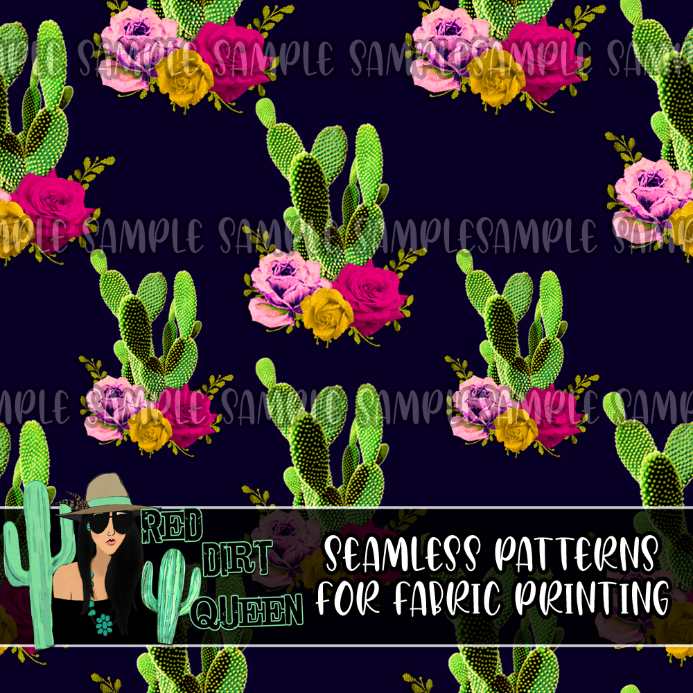 Seamless Pattern Dark Blue Floral Cactus