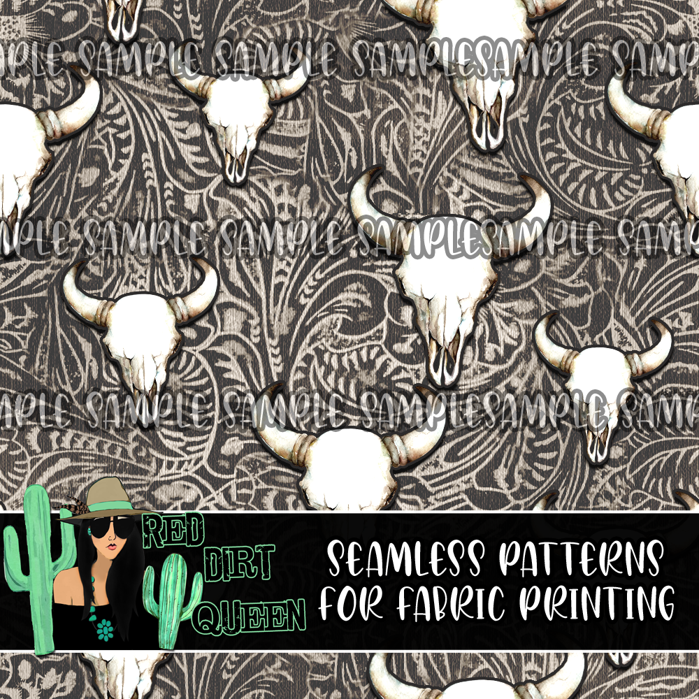 Seamless Pattern Tooled Leather Skulls