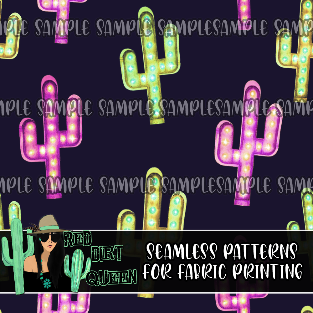 Seamless Pattern Dark Purple Green Cactus Lights