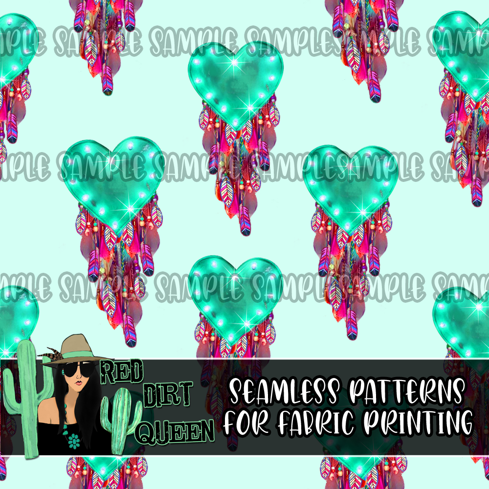 Seamless Pattern Blue Feather Hearts