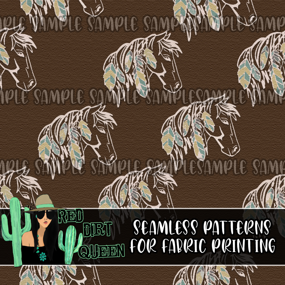 Seamless Pattern Brown Feather Horses