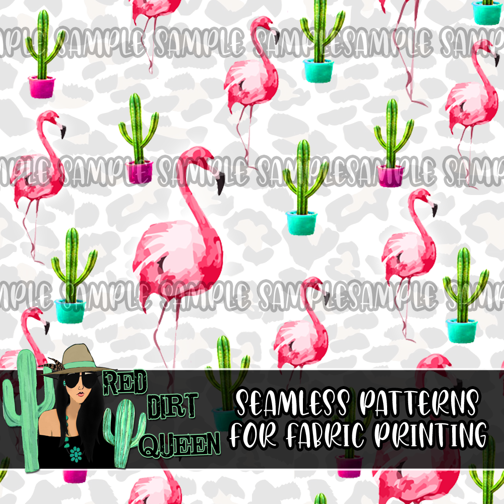 Seamless Pattern Flamingo Cactus White Leopard