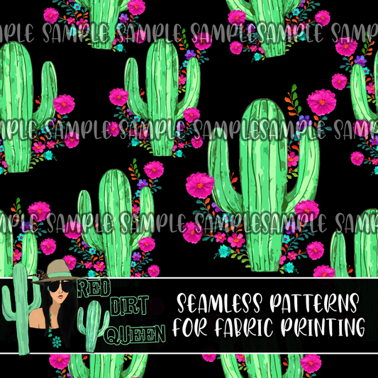 Seamless Pattern Cactus Floral Black