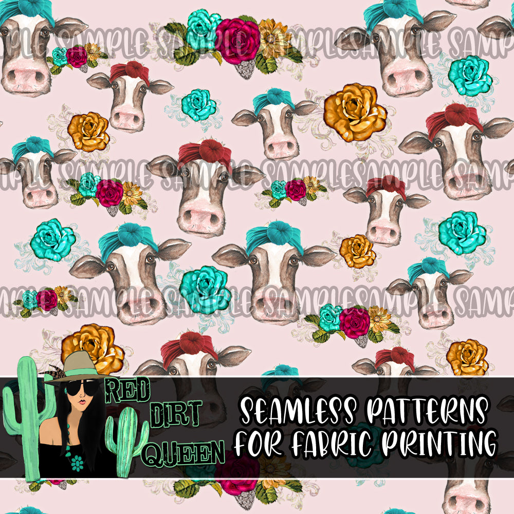Seamless Pattern Pink Floral Cows
