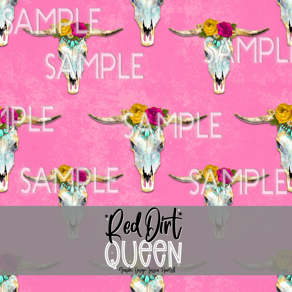 Seamless Pattern Glam Cow Skull Pink