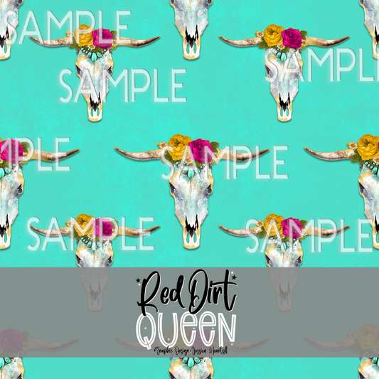 Seamless Pattern Glam Cow Skull Turquoise
