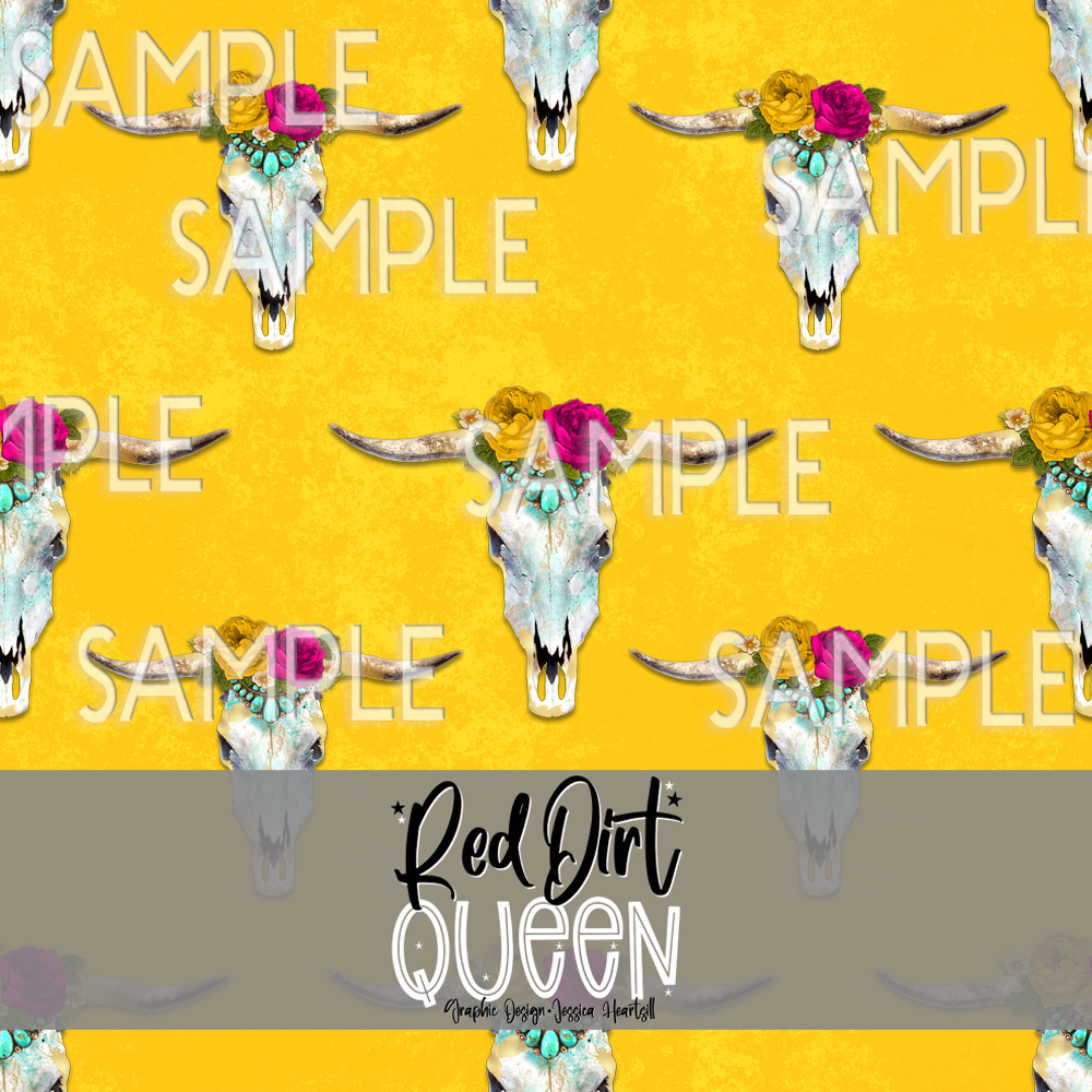 Seamless Pattern Glam Cow Skull Yellow