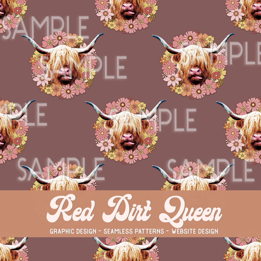 Seamless Pattern Floral Highland Cow Mauve