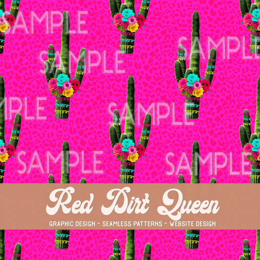 Seamless Pattern Hot Pink Floral Pom Cactus
