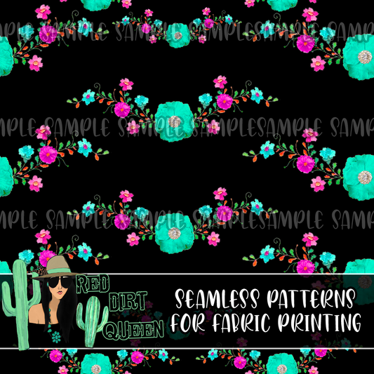 Seamless Pattern Turquoise Florals Black