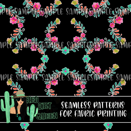 Seamless Pattern Floral Stitched Design Black