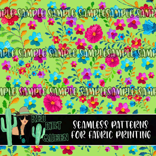 Seamless Pattern Green Floral Stitching