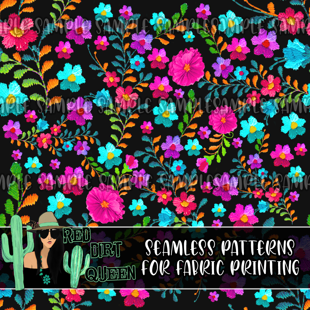 Seamless Pattern Black Floral Stitching