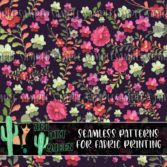 Seamless Pattern Navy Floral Stitching