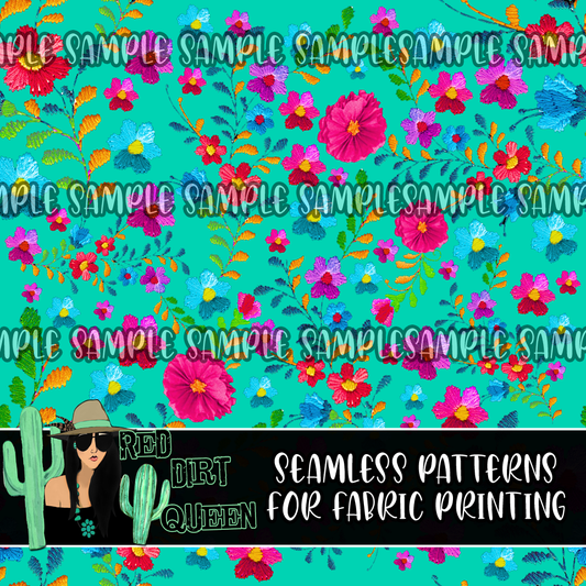 Seamless Pattern Turquoise Floral Stitching