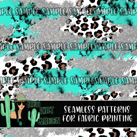 Seamless Pattern Turquoise Leopard Glitter Brushstrokes