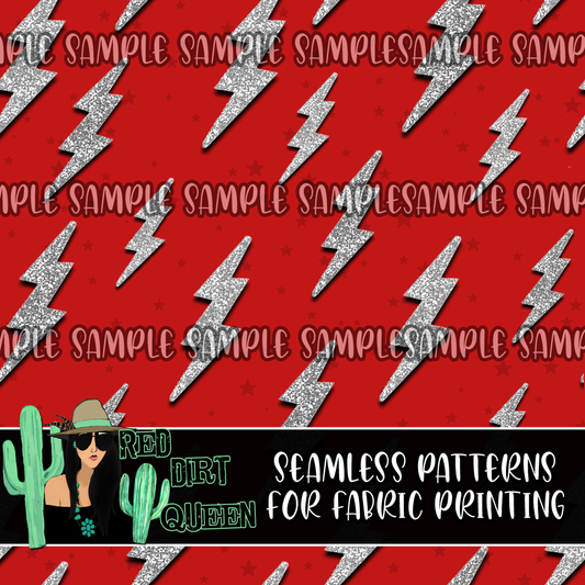 Seamless Pattern Red Silver Glitter Lightning Bolts