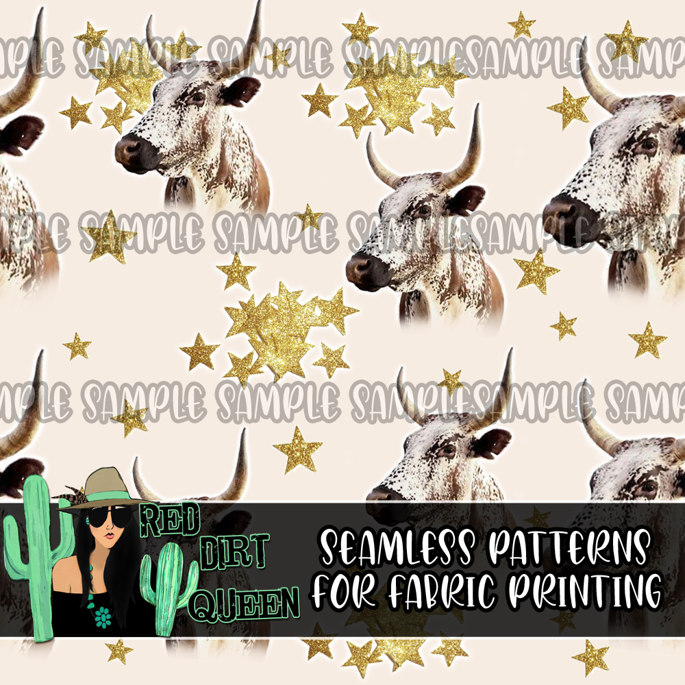 Seamless Pattern Longhorn Glitter Stars
