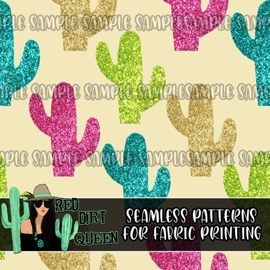 Seamless Pattern Colorful Glitter Cactus
