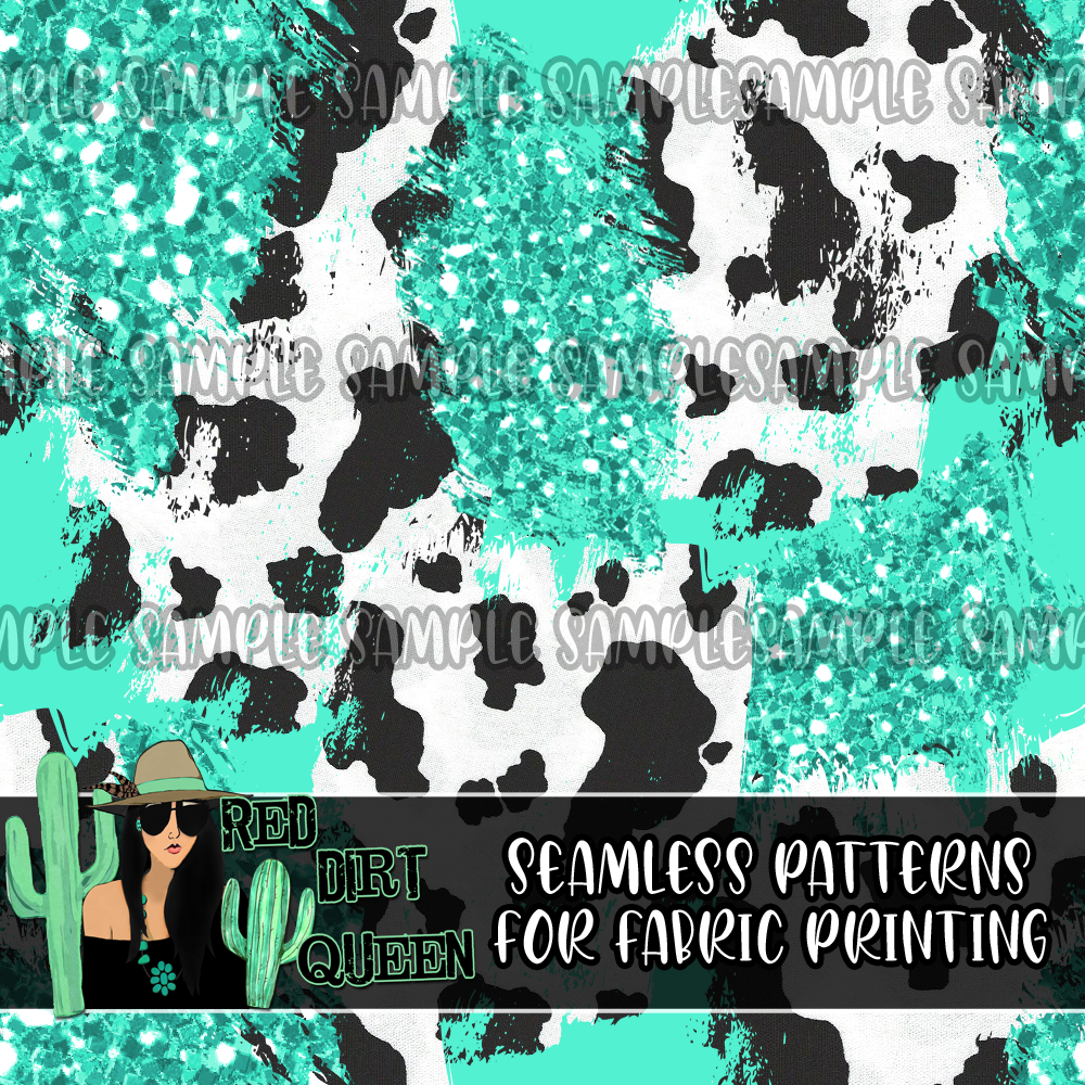 Seamless Pattern Cow Print Turquoise Glitter Mix