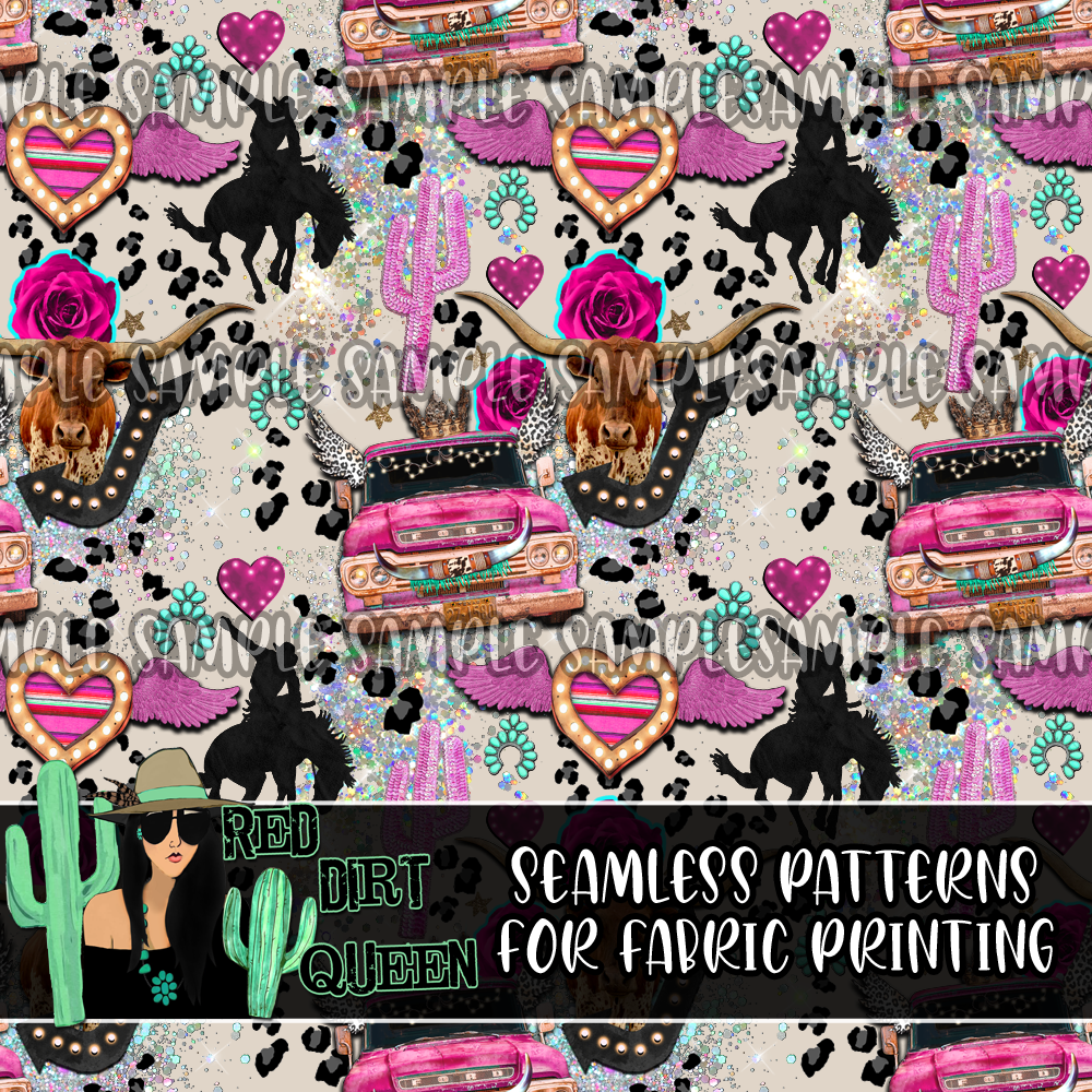 Seamless Pattern Glitter Cowgirl Collage
