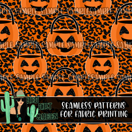 Seamless Pattern Orange Leopard Pumpkin Baskets