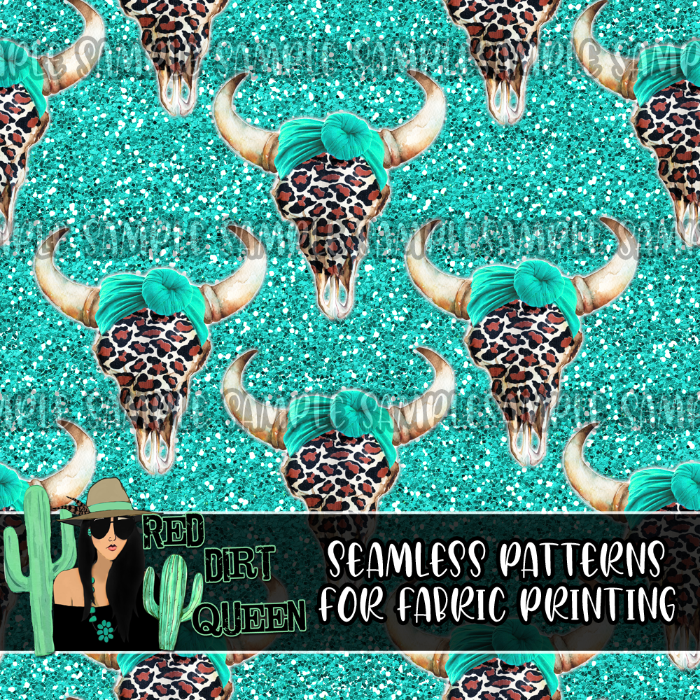 Seamless Pattern Turquoise Glitter Leopard Skulls