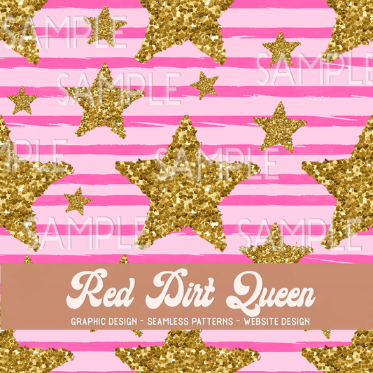 Seamless Pattern Chunky Glitter Stars & Pink Stripes