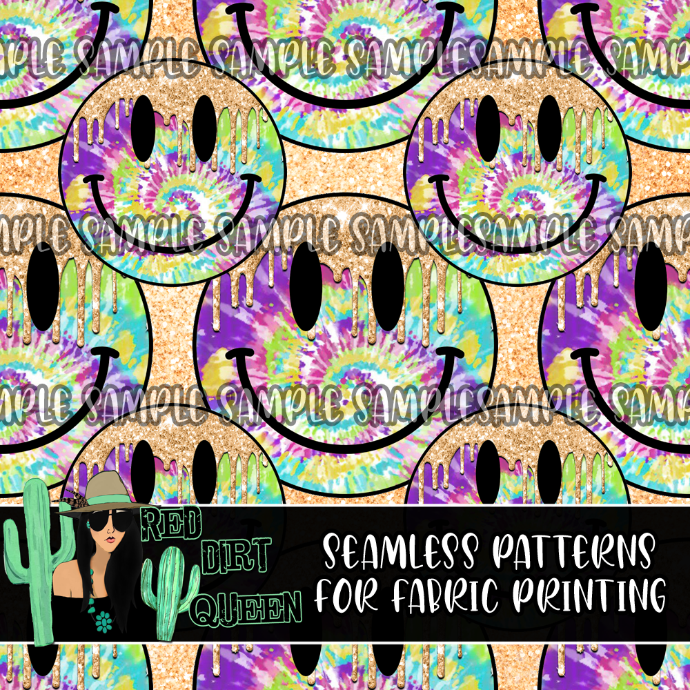 Seamless Pattern Tie Dye Glitter Drip Smiley