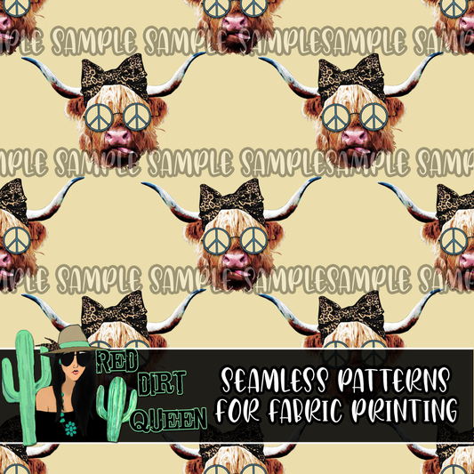 Seamless Pattern Groovy Highland Cows Tan