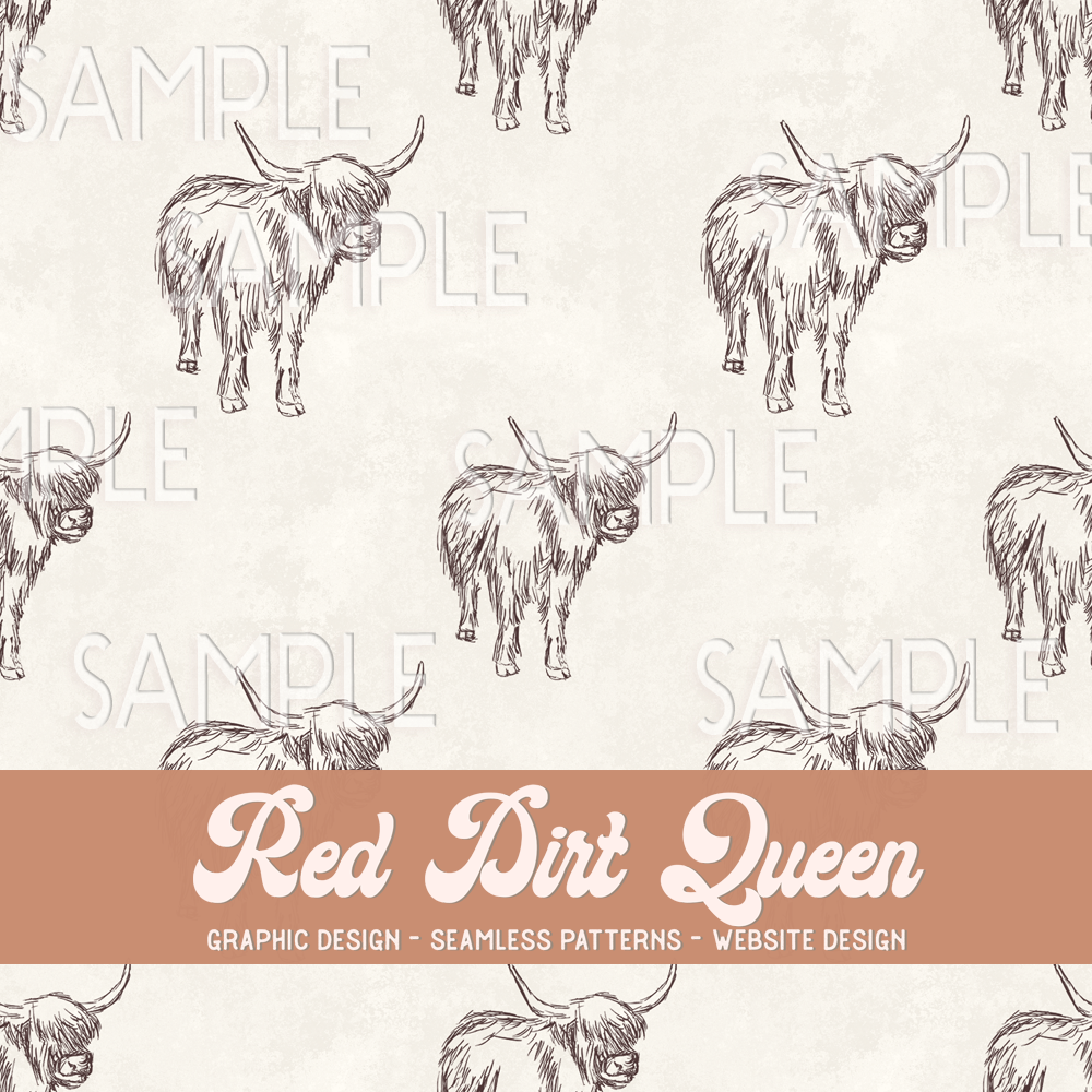 Seamless Pattern Distressed Highland Cow Sketch