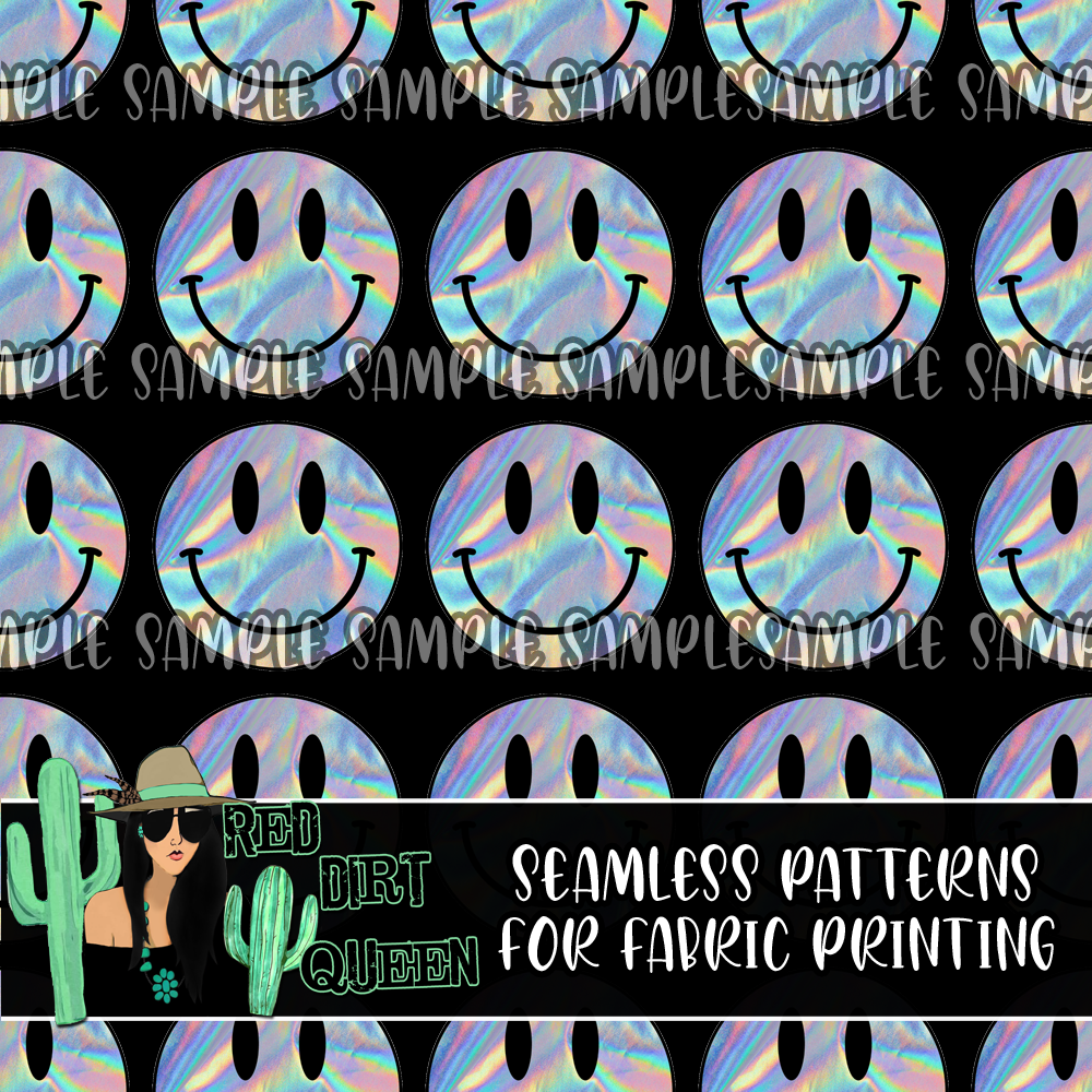 Seamless Pattern Black Holographic Smiley