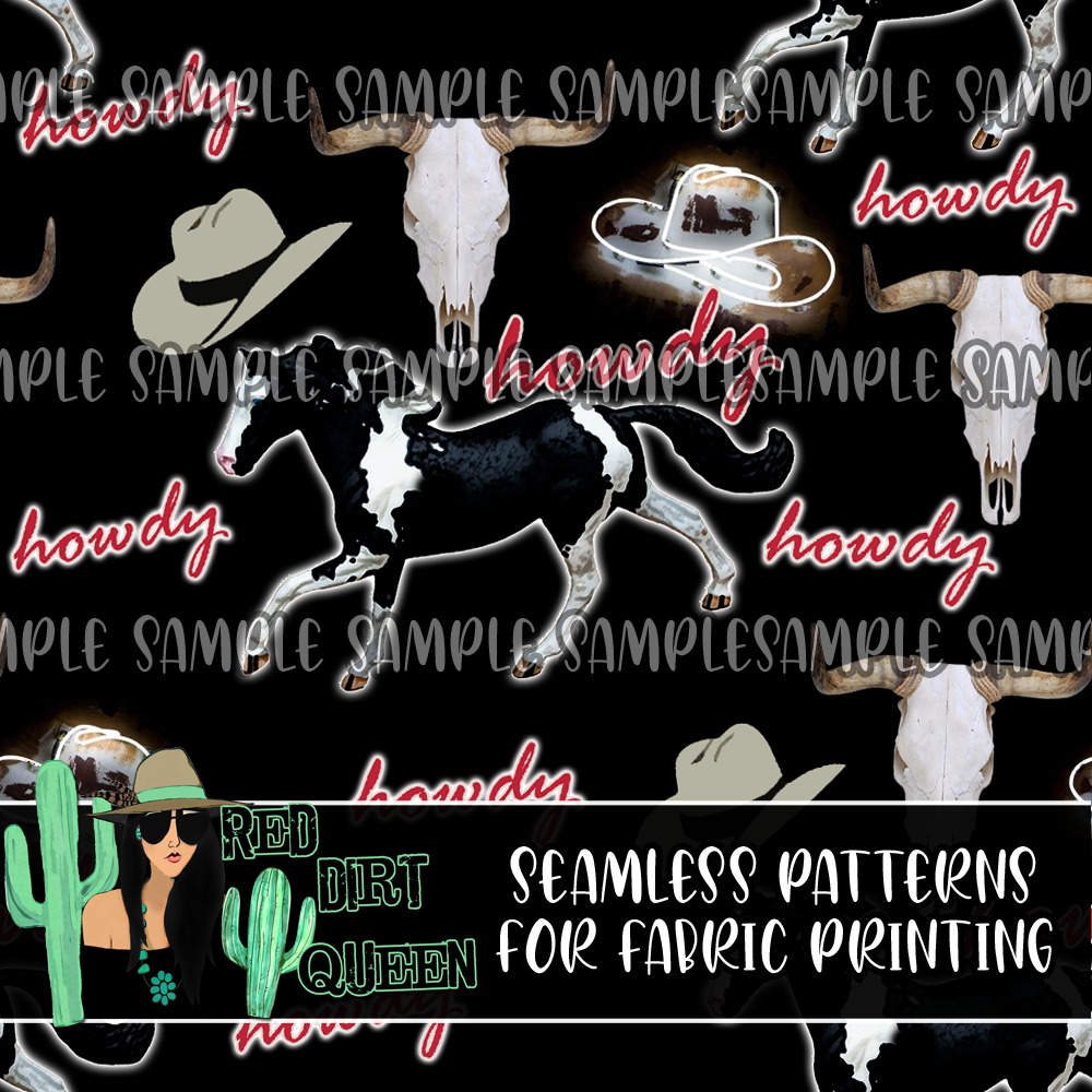 Seamless Pattern Howdy Collage Black