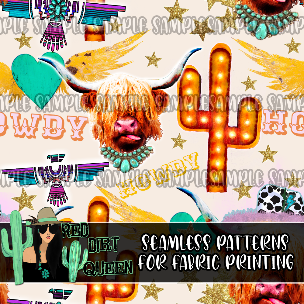 Seamless Pattern Howdy Highland Cow Collage