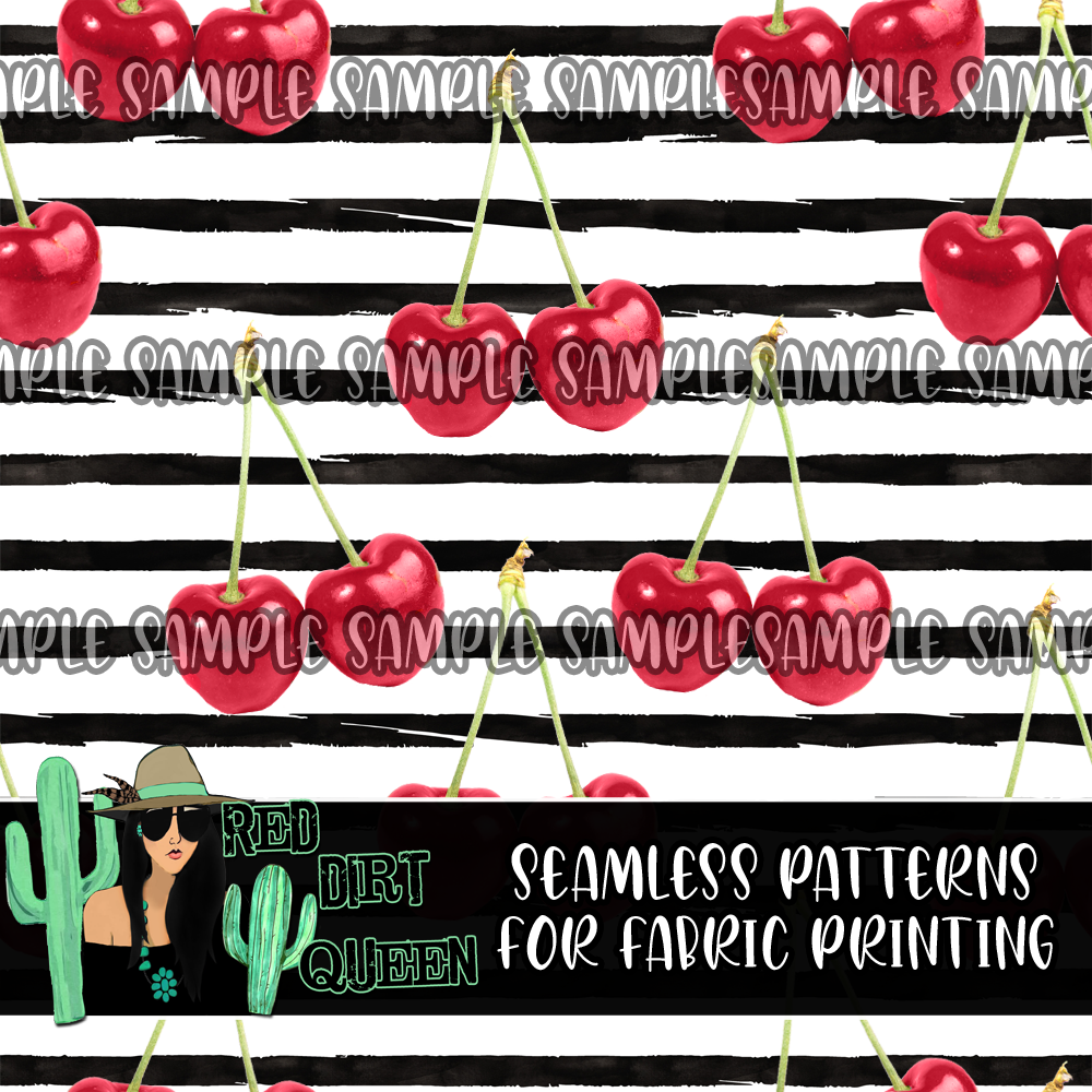 Seamless Pattern Cherries Black White Stripes