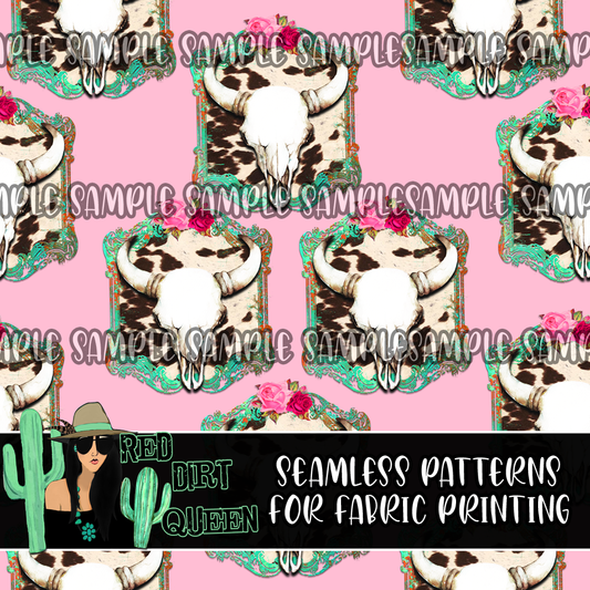 Seamless Pattern Cowhide Frame Skulls