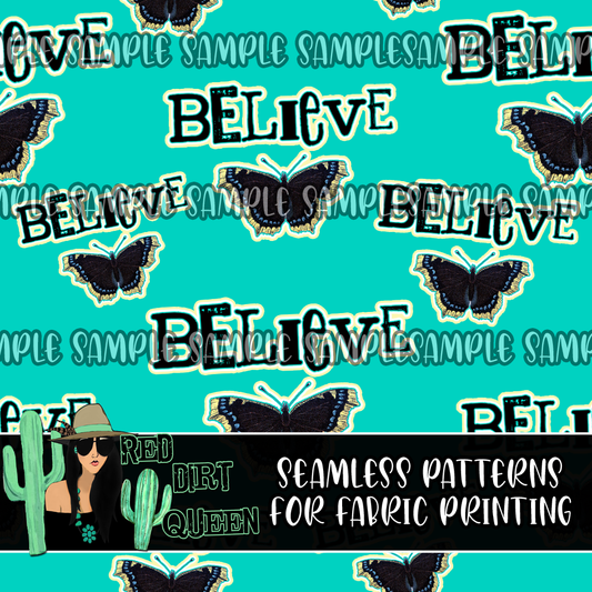 Seamless Pattern Believe Teal Butterflies