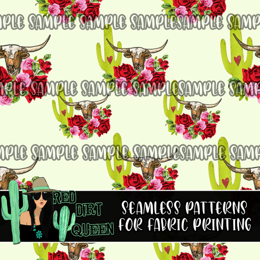 Seamless Pattern Longhorn Cactus Roses
