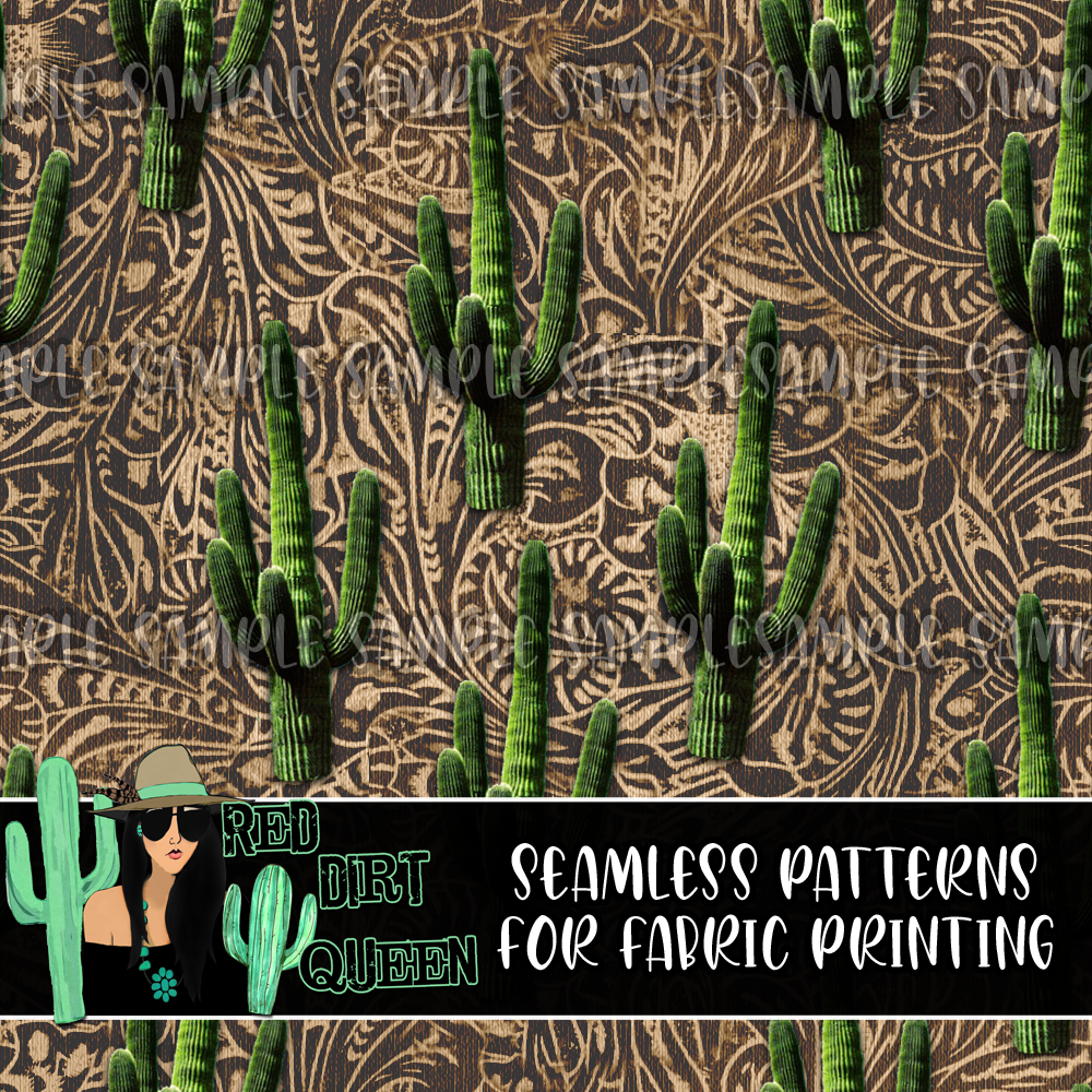 Seamless Pattern Tooled Leather Cactus