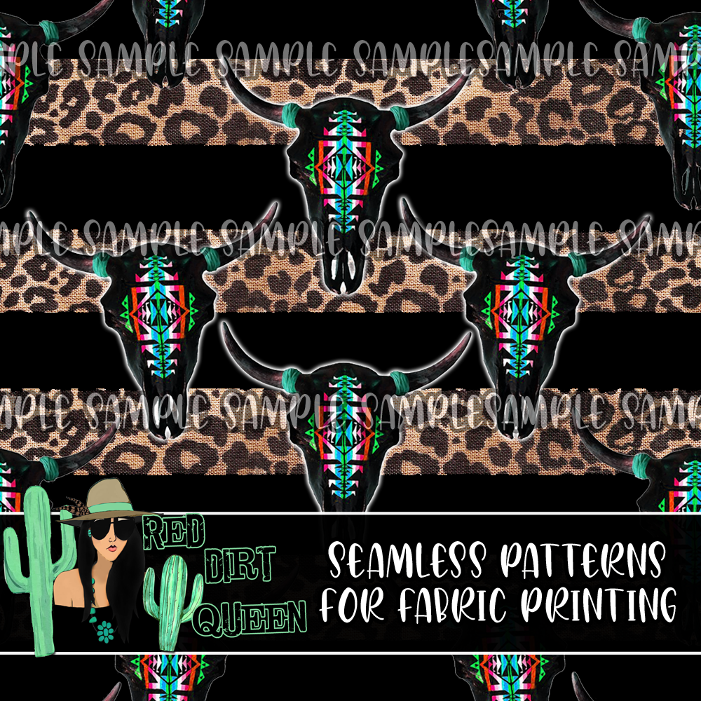 Seamless Pattern Leopard Stripe Aztec Skulls